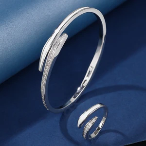 Classic Wedding Engagement Fashion Jewelry Sets Rhodium Plated Brass & Zircon Bracelet Ring Set Trendy Party Wear for Women