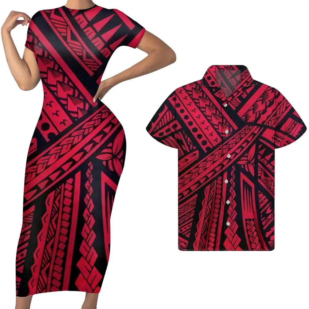 2021 Couple Set Clothing Red Polynesian Tribal Custom Print Women Party ...