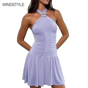 Solid Pleated Design Sexy Backless Sleeveless Neck Elegant Casual for Summer Breathable Knee-Length for Club Day OEM Service