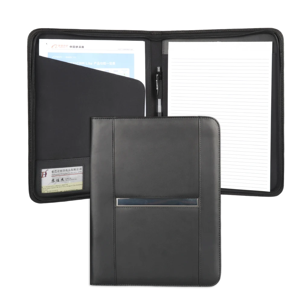Оптовая продажа папка Padfolio на молнии с логотипом из нержавеющей стали органайзер для конференций A4 блокнотом Портфолио искусственной кожи
