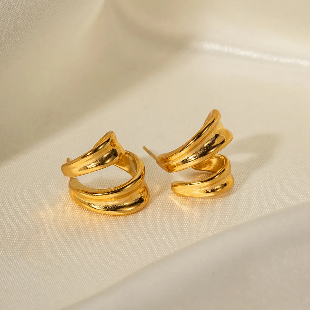 New Arrival Two Layer Unique Design Hoop Earring 18K Gold Plated Stainless Steel Waterproof Tarnish Free C Earrings