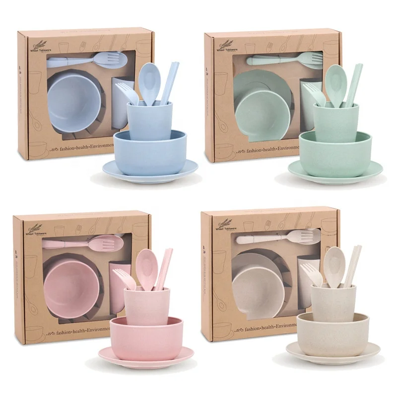Lightweight Wheat Straw Dinnerware Sets Unbreakable Plates Cutlery Sets Wheat Straw Tableware Set