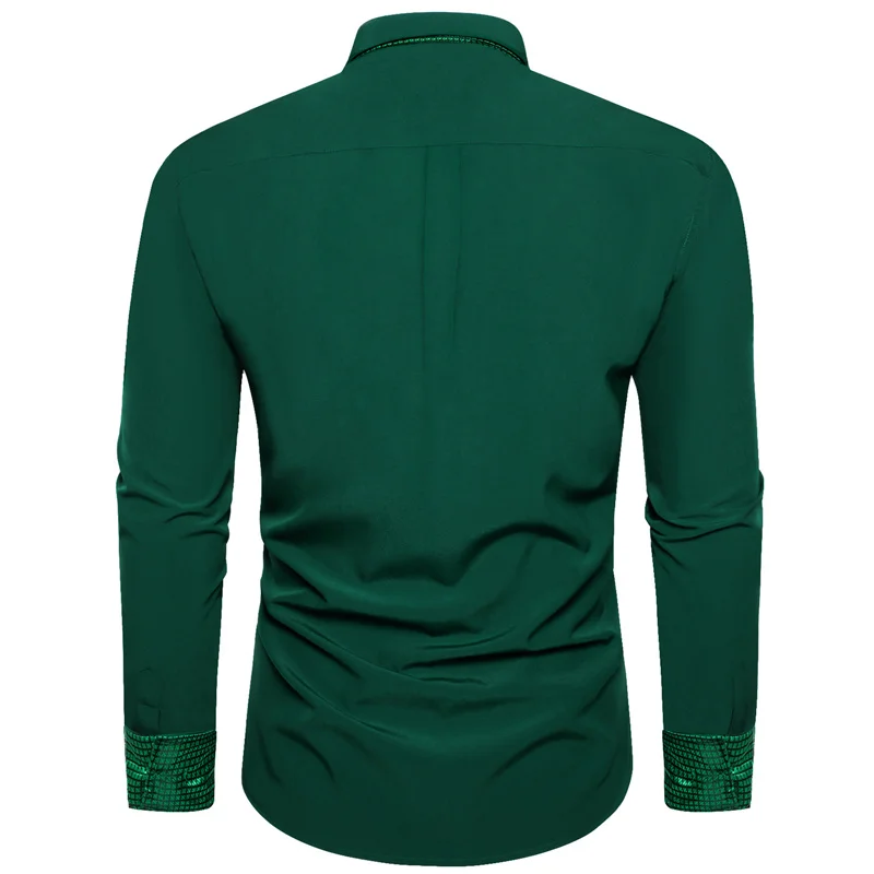 New Dress Shirt for Men Solid Sea Green Splicing  Long Sleeve Shirt Business Formal  Slim Fit Social Shirts Male Clothes