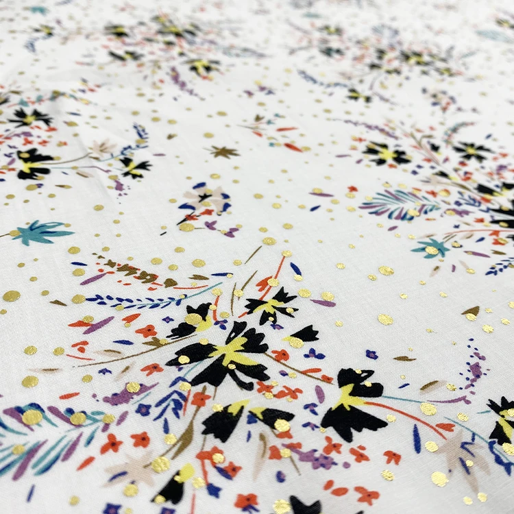 Урожай тканые 100% хлопок с рисунком в виде ромашек и бандана в горошек дизайн тиснения фольгой блестящей ткани класса люкс для весеннее и летнее платье для девочек комплект из рубашки и юбки