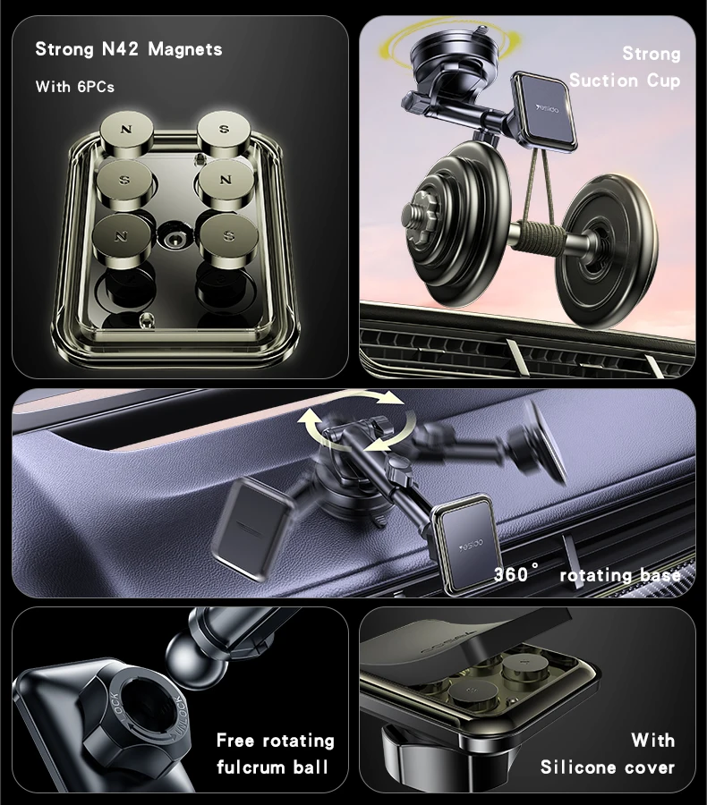 C263 Yesido 360 Rotating Base Strong Suction Cup Telescopic Clamp Arm Design Car Magnetic Phone Holder