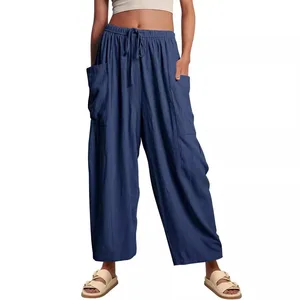 2026 Women's Fashion Elastic Waist Folded High Waist Wide Leg Pants Loose Casual Cotton and Hemp Pants
