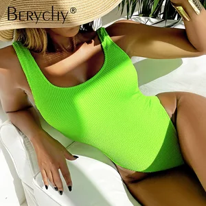 2022 New One-Piece Eco-Friendly Spandex/Nylon Women Wide Straps Monokini High Cut Solid Neon Ribbed Swim Bodysuit Beachwear