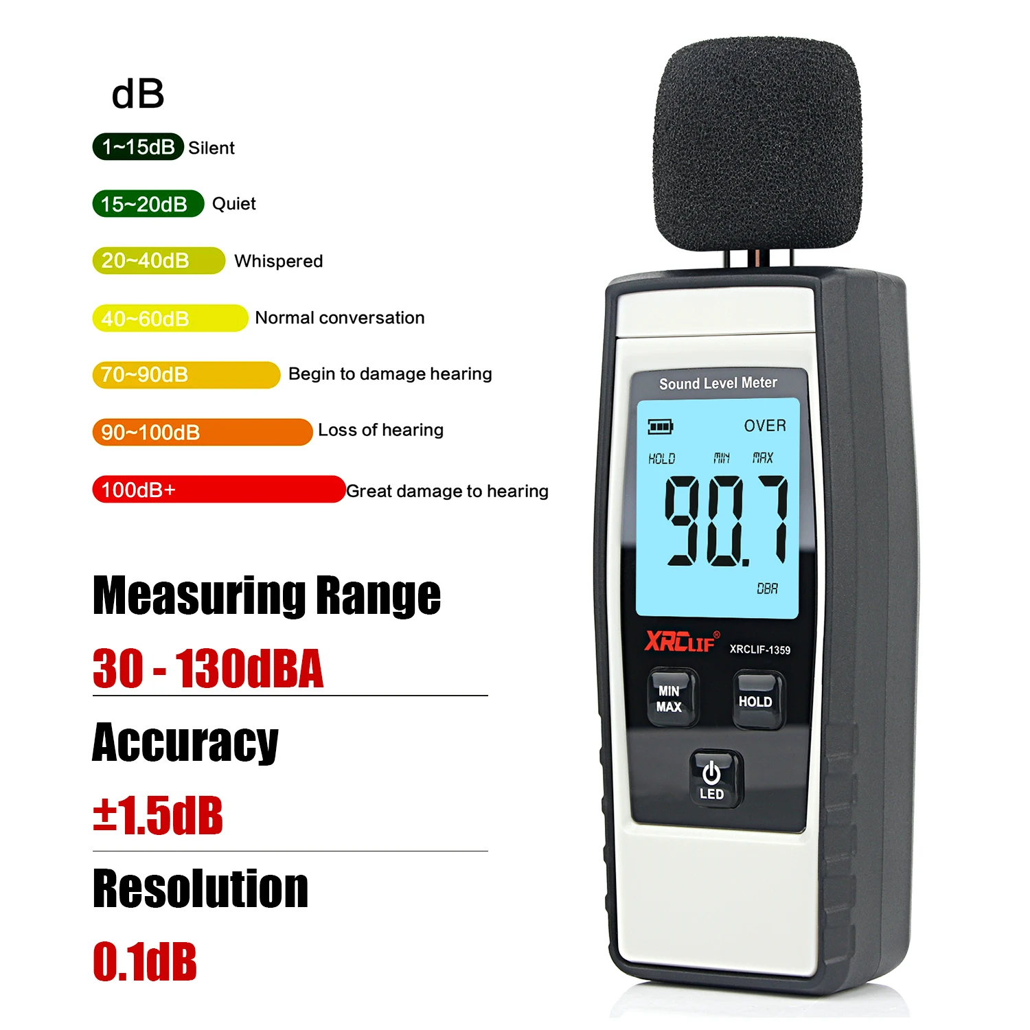 Fonometro digitale del rumore decibel pressione Tester Misura Lettore 30-130dB 