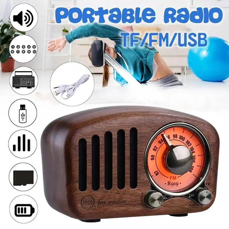 R919 Classical Retro Radio Receiver Portable Mini Wood FM SD MP3 Radio Stereo Bluetooth Speaker AUX USB Rechargeable Radio
