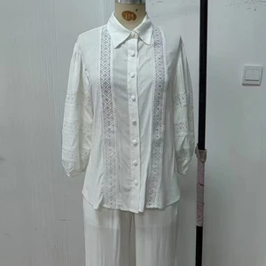 2026 Summer Autumn/Spring New Fashion Rayon Lace Hollow-Out Lantern-Sleeve Blouse Vintage Print Casual Style Stand Collar Front