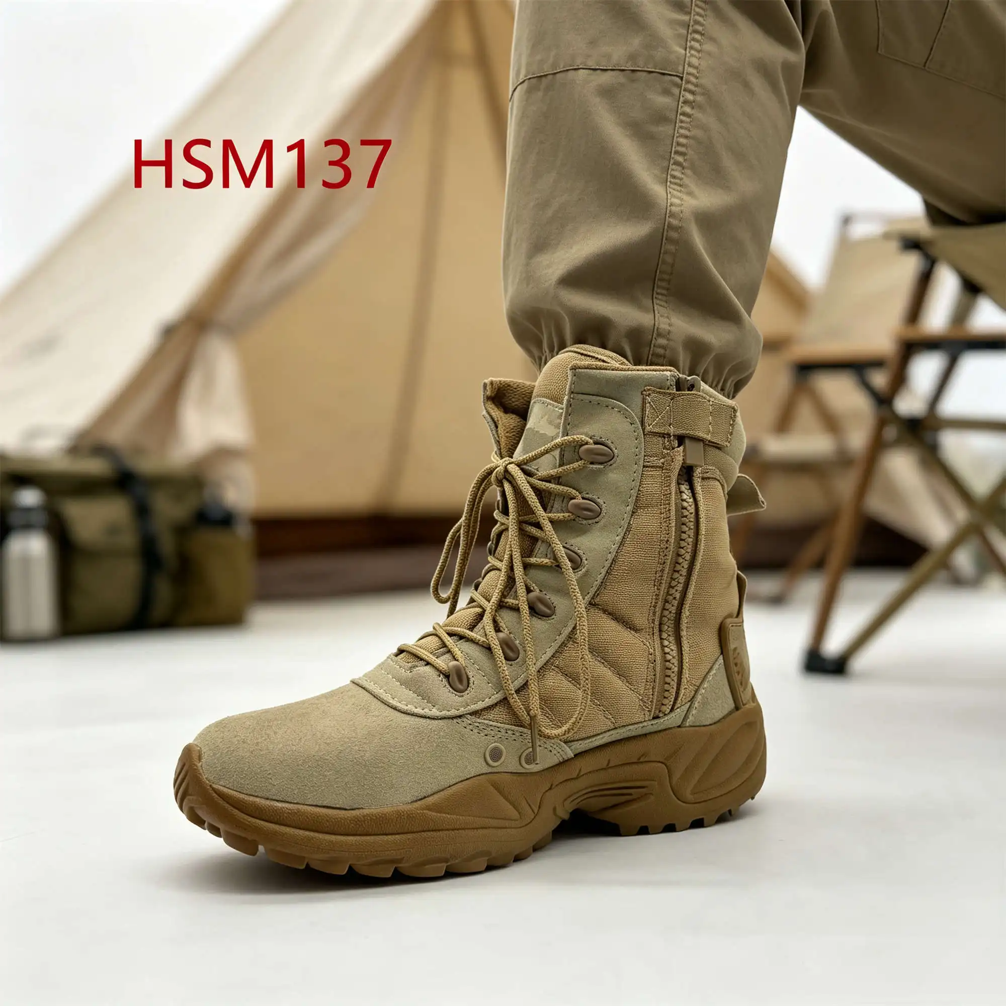 ZYF,Camping Gear Hua Singh Men Leather Boots with Side Zipper Outdoor Practice Ankle Support System Desert Combat Boots HSM137