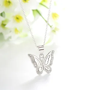 Women Beautiful Jewelry 925 Sterling Silver Pendants 3A Cubic Zirconia Butterfly Pendant Chain Necklace