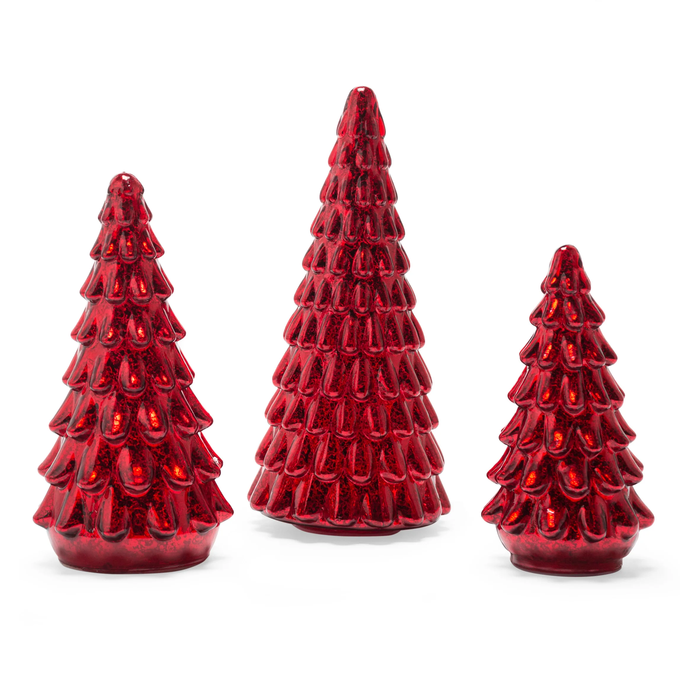 christmas tree illuminated red green mercury glass Christmas tree set of 3 led lighted patterned luster glass tabletop trees