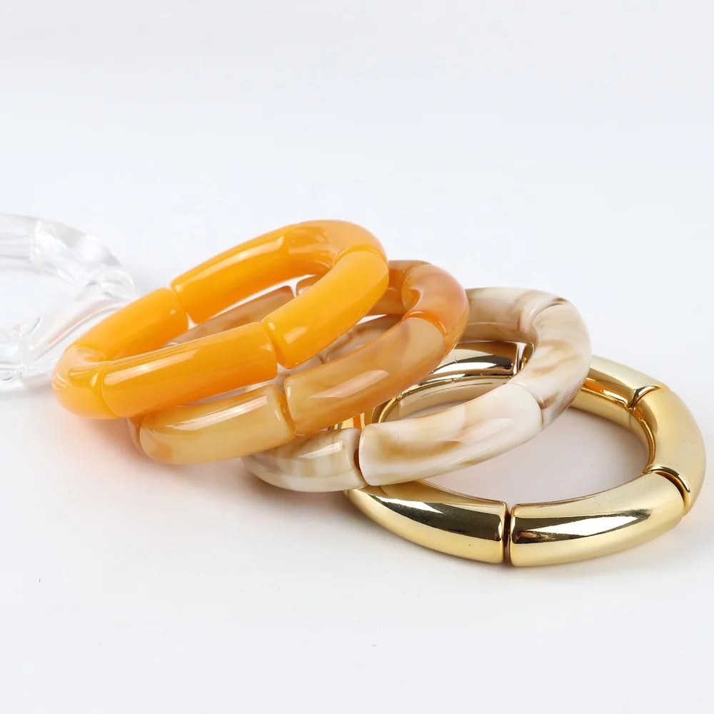 Bracciali Elastici A Tubo Di Bambù In Resina Colorata - Set Braccialetti Impilabili Amicizia Per Donna, Oro