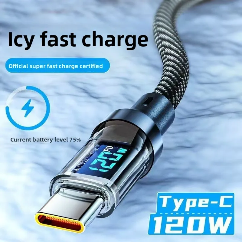 120W USB Type C Fast Charging Data Cable Digital Display Smart Power Off Braided Cord for Phone Lap Tablet