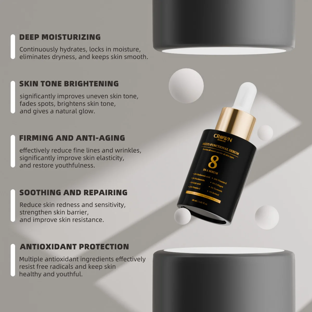 8 in 1 Custom Logo Skin Care Essence Anti Aging Wrinkle Dark Spot Brightening Glow Kojic Acid Vitamin C Whitening Face Serum