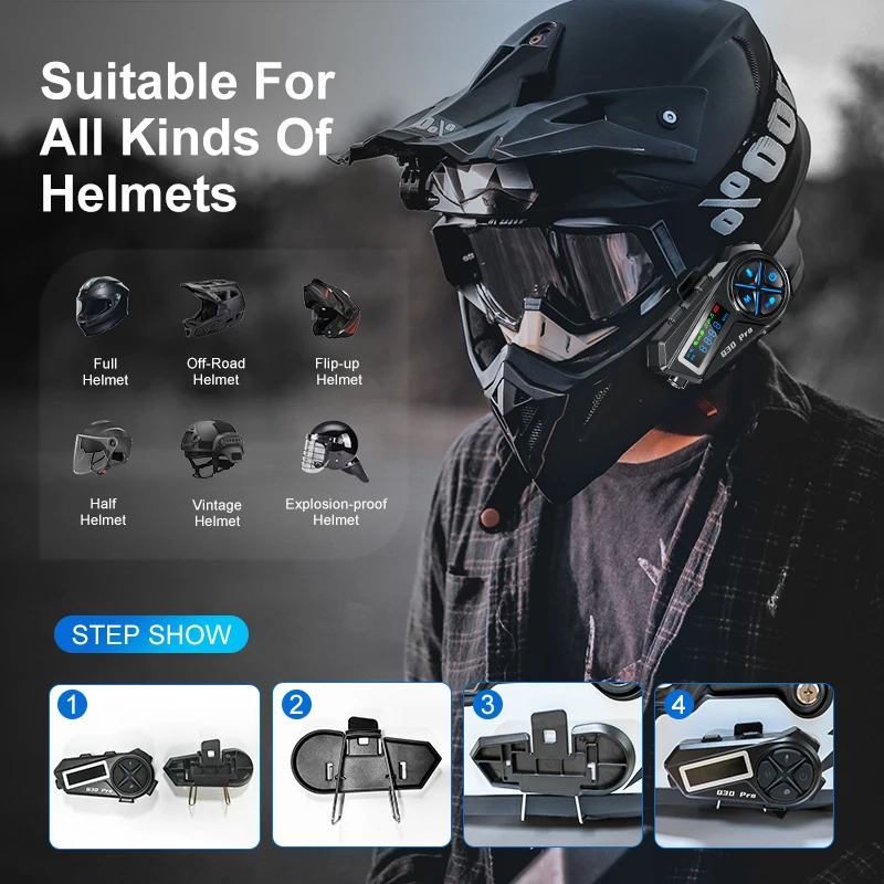 Q30 PRO motorcycles helmet Intercom with FM Radio Music Sharing moto  Headphone with flashlight motorcycle interphone for riders