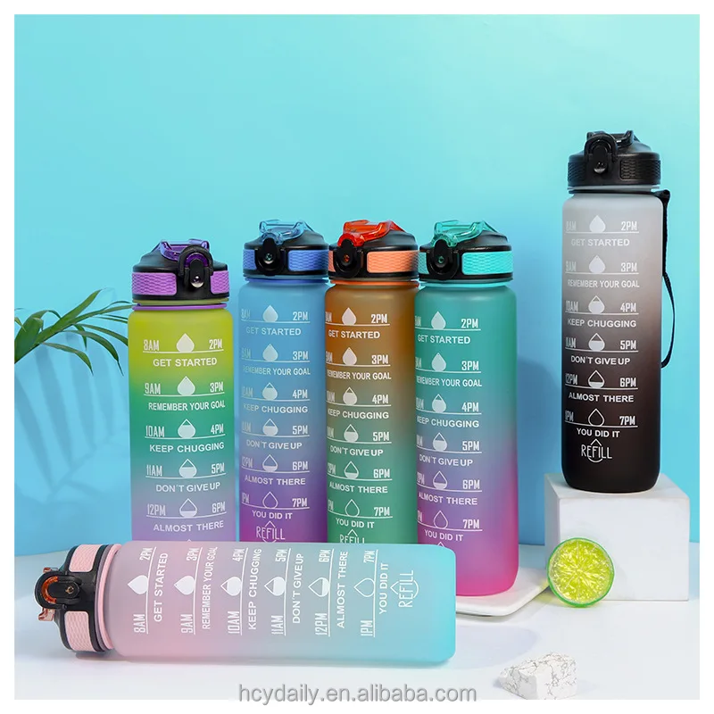 Large Capacity Gradient Water Bottle Plastic Sports 1000ml With Straw Filter Tritan BPA Free For Fitness Gym Outdoor Sports