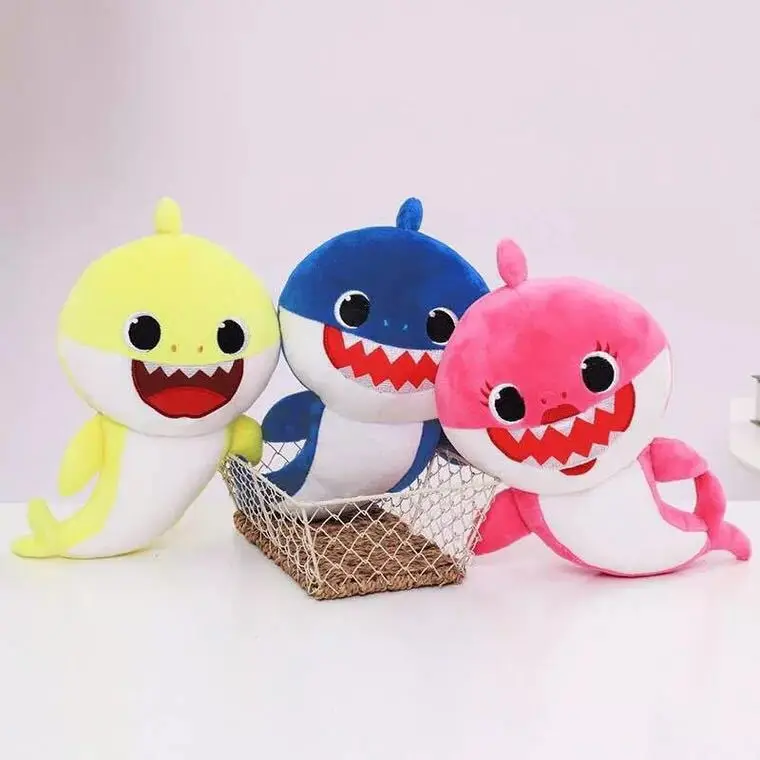 Светодиодная музыкальная мягкая игрушка со звуком, синяя, розовая, желтая милая улыбка, Акула, мягкие плюшевые куклы-животные, детские плюшевые игрушки