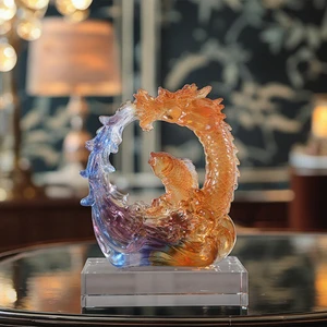 Liuli Crystal Business Gift Fengshui Carp Fish Jump Over Dragon Gate Feng Shui Sculpture