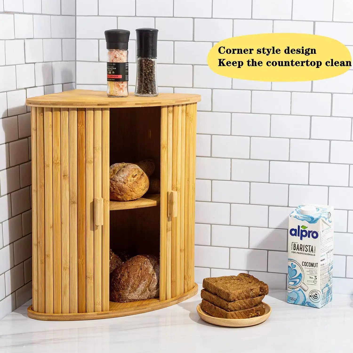 Bamboo Corner 2 Tier Bread Box Kitchen Storage Rack Bread Bin Box With ...