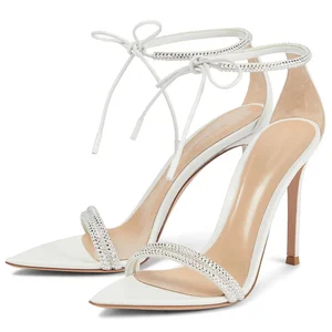 Elegant Party Casual Pointed Toe  Crystal Ankle Strap Lace up High Heels Sandals Stiletto Heel Wedding Shoes Bridal