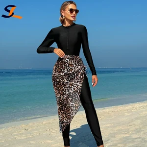 Custom Logo New Sexy Two Piece Bikini Long Sleeve Surfing Swimsuit Women Pants Swimwear With Sarong Cover up