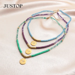 Trendy Gold Plated Beads for Jewelry Making Choker Women Green Jade Chain Stainless Steel Star Pendant Necklace