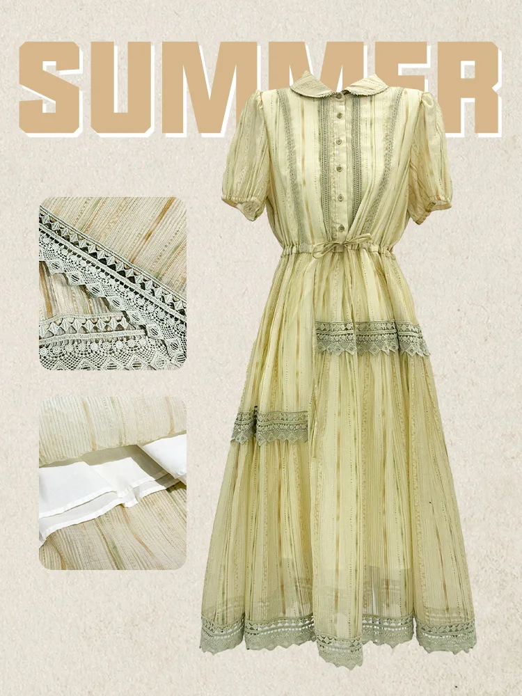 Vintage French Mori Style Medium Length Commuter Slimming Tight High-Waist Elegant Lace Jacquard Anti-Static V-neck Short Dress