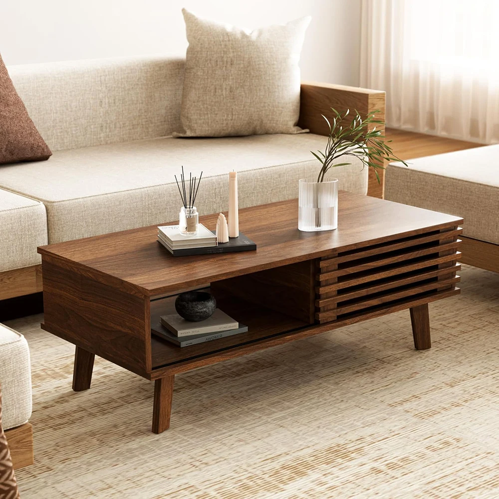 Nu-Deco Mid Century Modern Wooden Coffee Table with Storage Farmhouse Design for Living Room Apartment