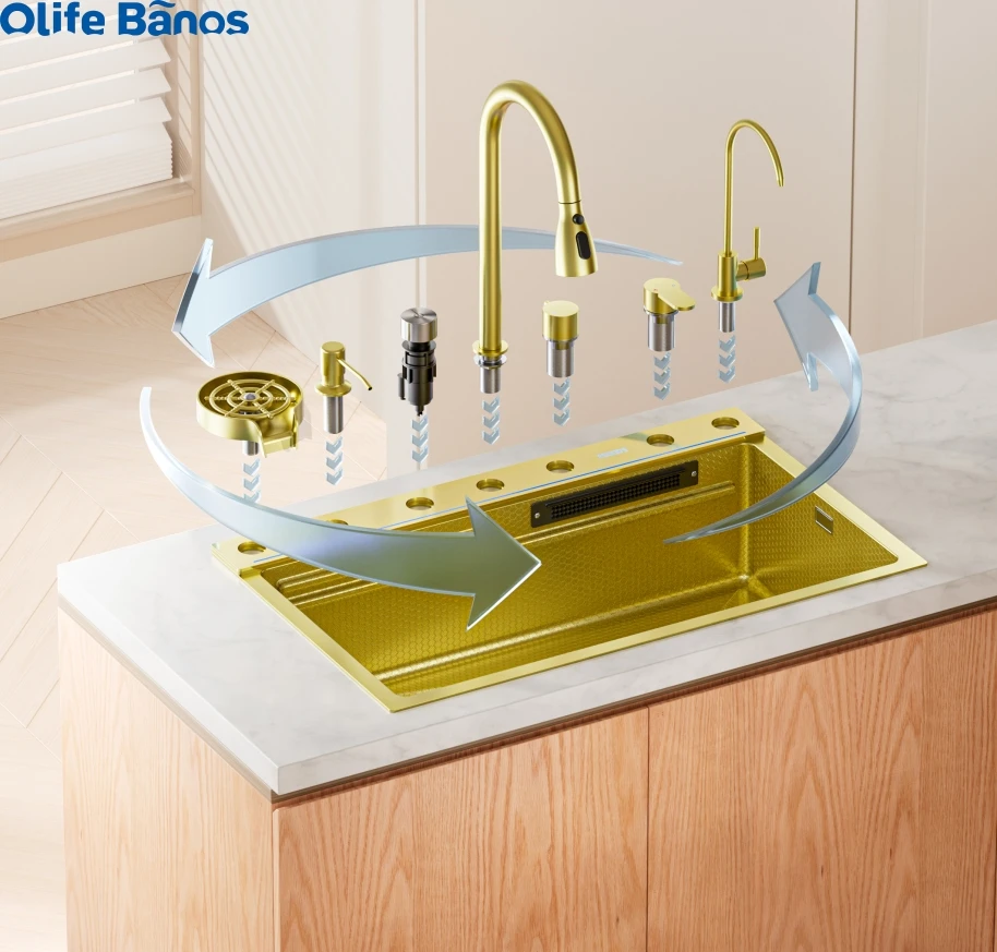 product newest design diy smart sus 304 digital display pull out  waterfall faucet multifunctional gold single bowl kitchen sink156-20