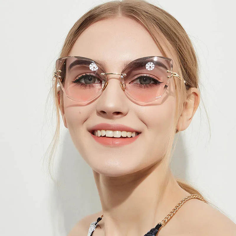 GLO - Rimless Diamond Edge Cut Lens Cat Eye Sunglasses