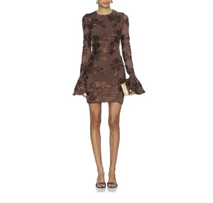 Sexy O Neck Mesh Flare Sleeve Embroidery Flower Mini Dress Women Brown Long Sleeves Floral Slim Dresses Evening Party Cocktail