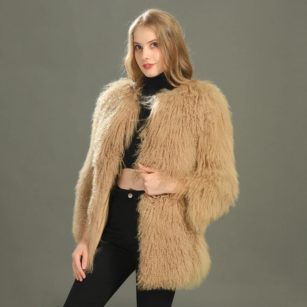 Women Long Hair Natural Sheep Fur Coat Real Lamb Fur Jackets Fashion Lady Orange Real Fur Coat Manufactures