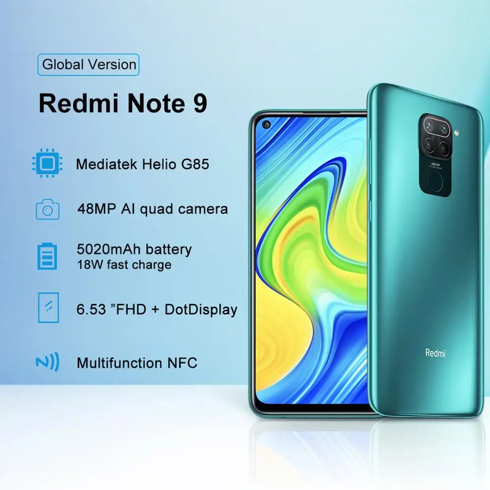 
Смартфон Redmi Note 9 глобальной версии, 64 ГБ 3 ГБ ОЗУ, процессор Helio G85, аккумулятор 5020 мАч, быстрая зарядка 18 Вт, экран 6,53 дюйма, камера 48 МП 