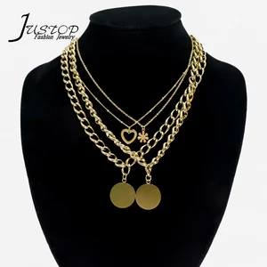 Custom Fancy Chain Stainless Steel Gold Double Layer Heart Coin Pendant Necklaces for Men