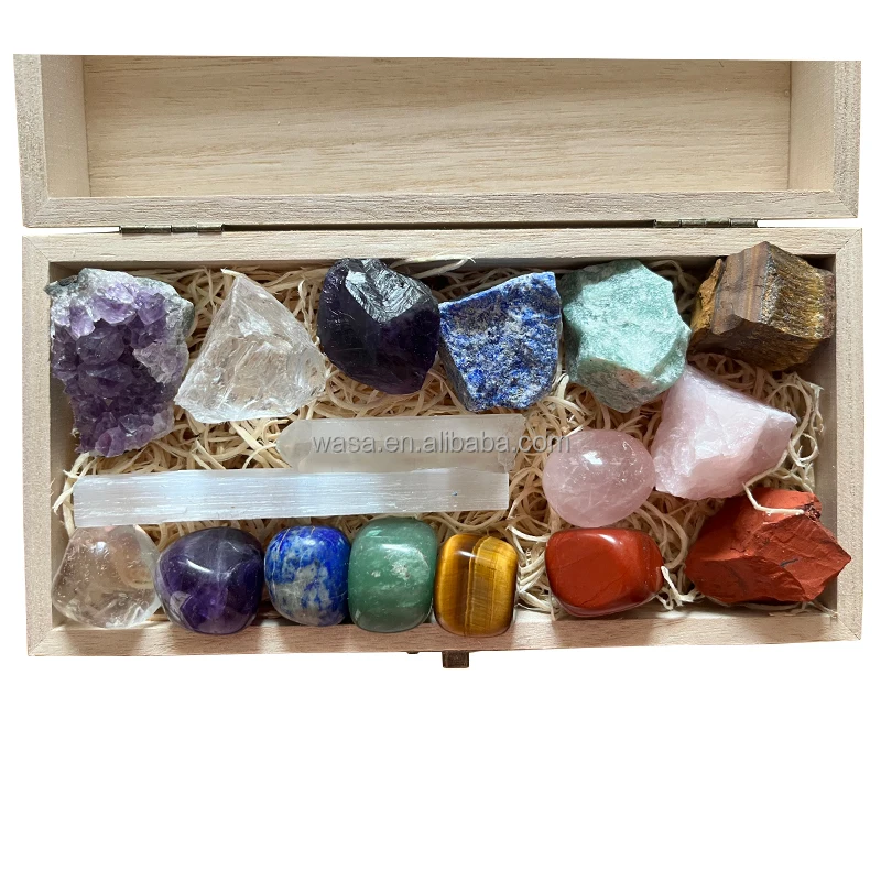 Wholesale Natural Crystal Gravel Healing Stone Wooden Box Set Charm 7 ...