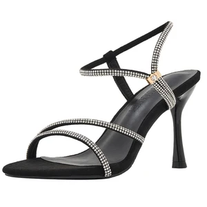 Beige Suede Square Toe Stiletto Heel Sandals with Rhinestone Decor, Slip-On Summer High-Heeled Shoes