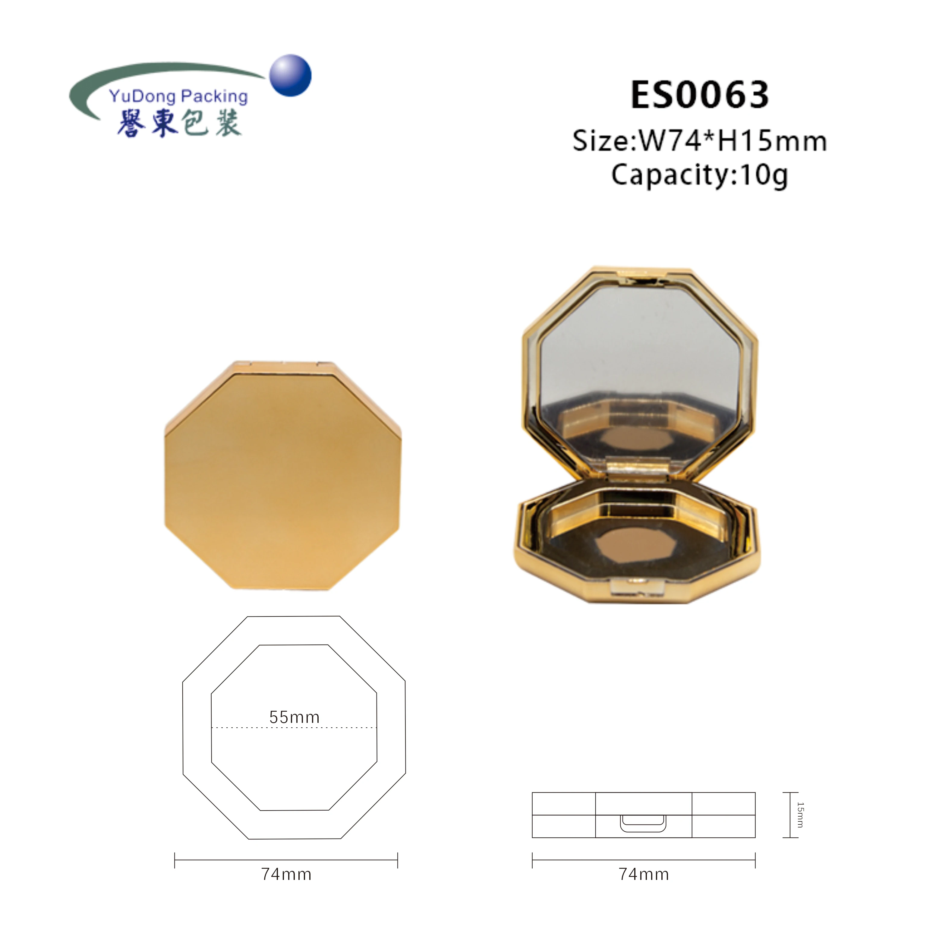Custom Octagon Shape Gold Empty Blush Compact Powder case Blush Container Blush Packaging