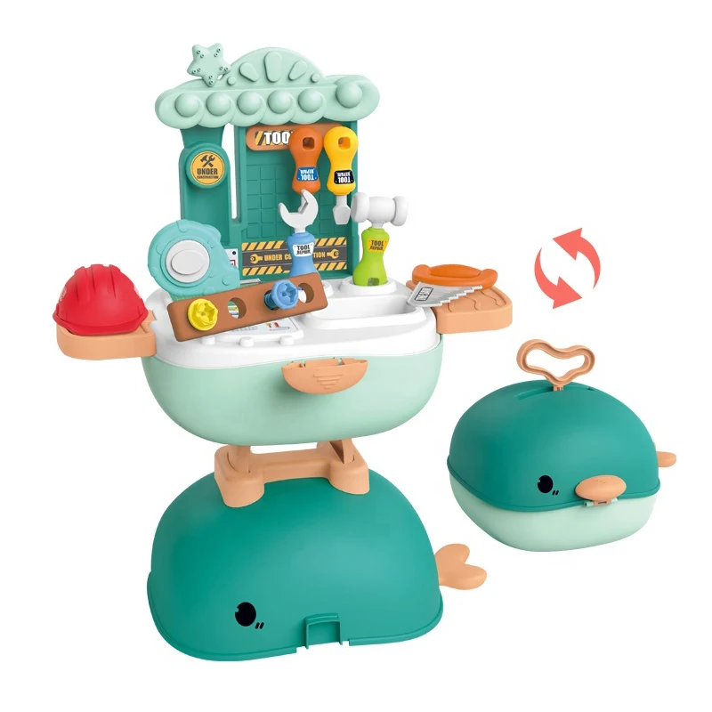 27PCS Tool Bench 3 in 1 Pretend Repair Kit Mechanical Whale School Bag Plastic Tool Set Toy for Boys