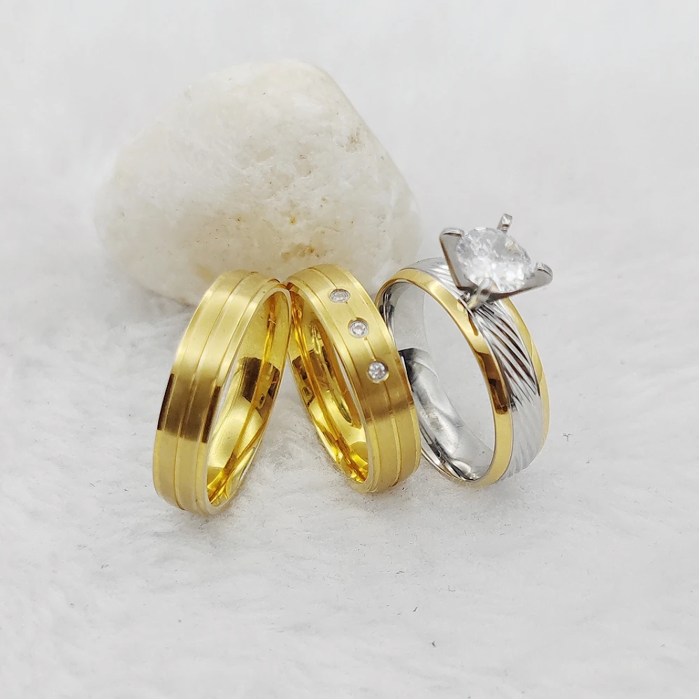 Wholesale Jewellery for Small Business Wholesale 3pcs Bridal Set  Anniversary Wedding Engagement Ring Couples Golden Ring