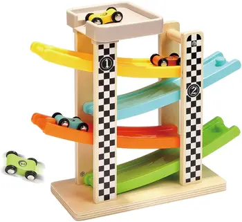 Amazon Hot selling Toddler Toys For 1 2 Year Old Boy And Girl Gifts Wooden Race Track Car Ramp Racer With 4 Mini Cars