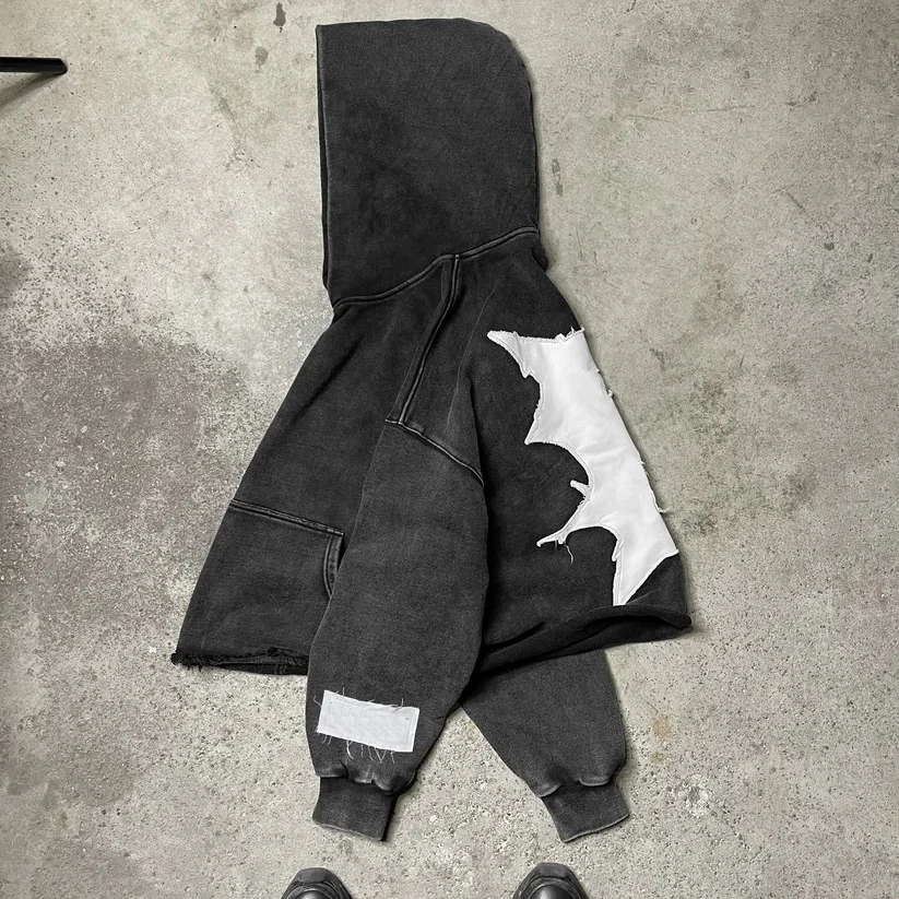 No Pocket Sun Faded Cut Edge Custom 500 Gsm Acid Wash Cropped Hoodies Men Raw Hem Applique Distressed Patch Embroidery Hoodies factory