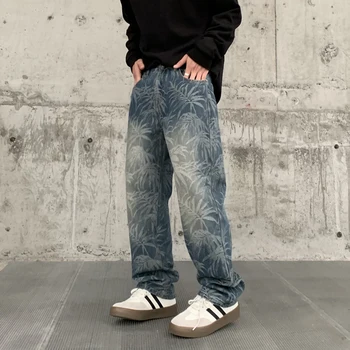 New Trendy Brand Loose Straight Nostalgic Blue Washed Jeans, Branch Printed Jeans, Printed Jeans