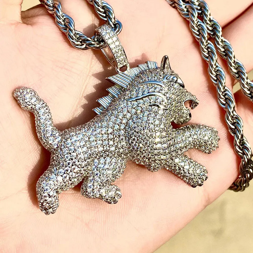 Iced Out Cubic Zircon Bling Animal Mens Lion Pendant Necklace Women Hiphop Rock Jewelry Cz Necklaces