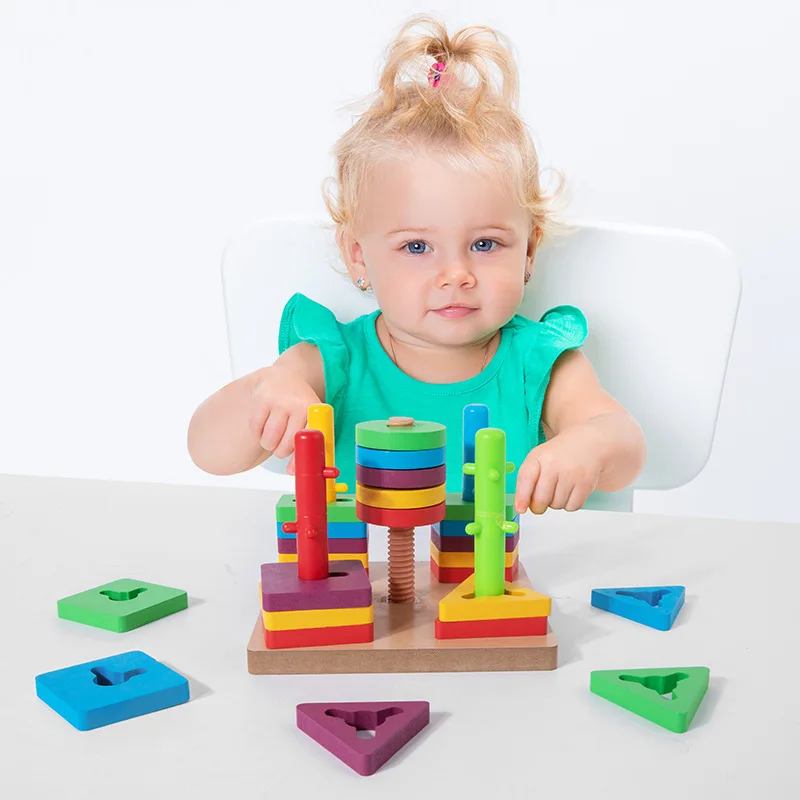 Montessori Wooden Block Pyramid Toy Sets Building Game Cubes Toys Rainbow Cuber Wood Puzzle Stacking Blocks