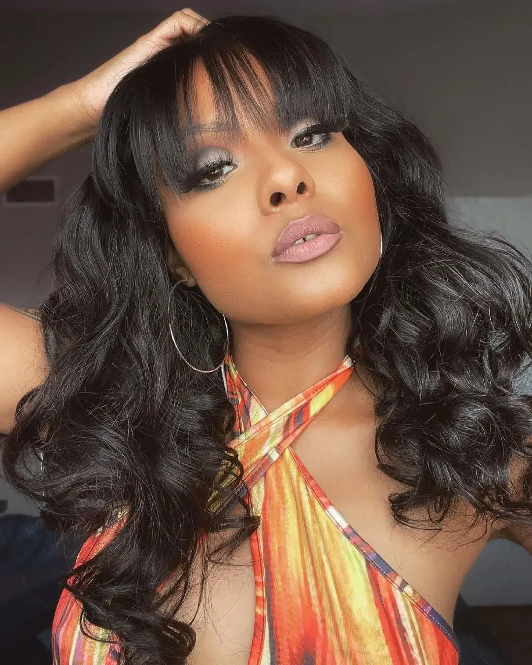 Peluca de pelo humano con flequillo body wave lace t-part negra_voghion.com