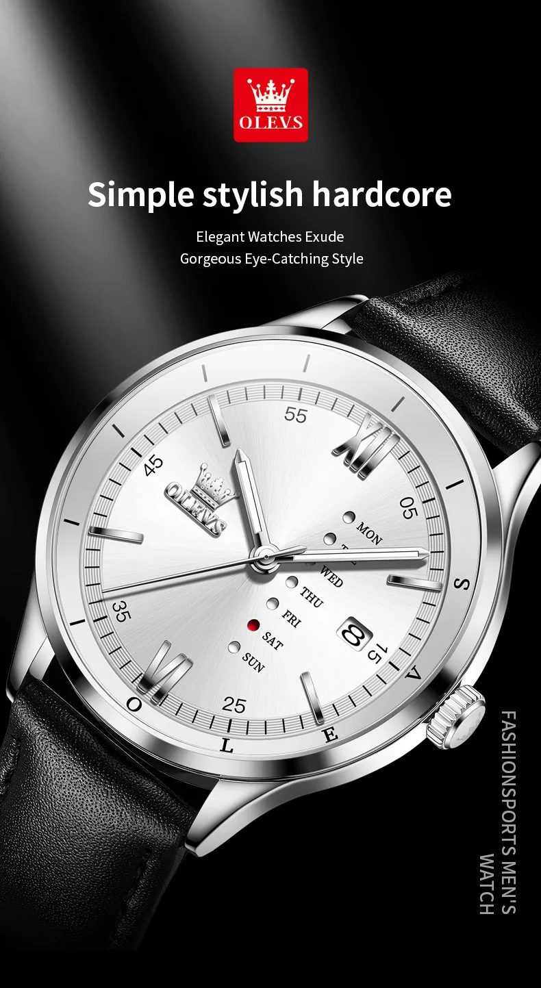OLEVS 2931 Original Leather Strap Fashion Waterproof Quartz Top Brand Luxury Men's Wrist Watch Men Business Luminous Watches