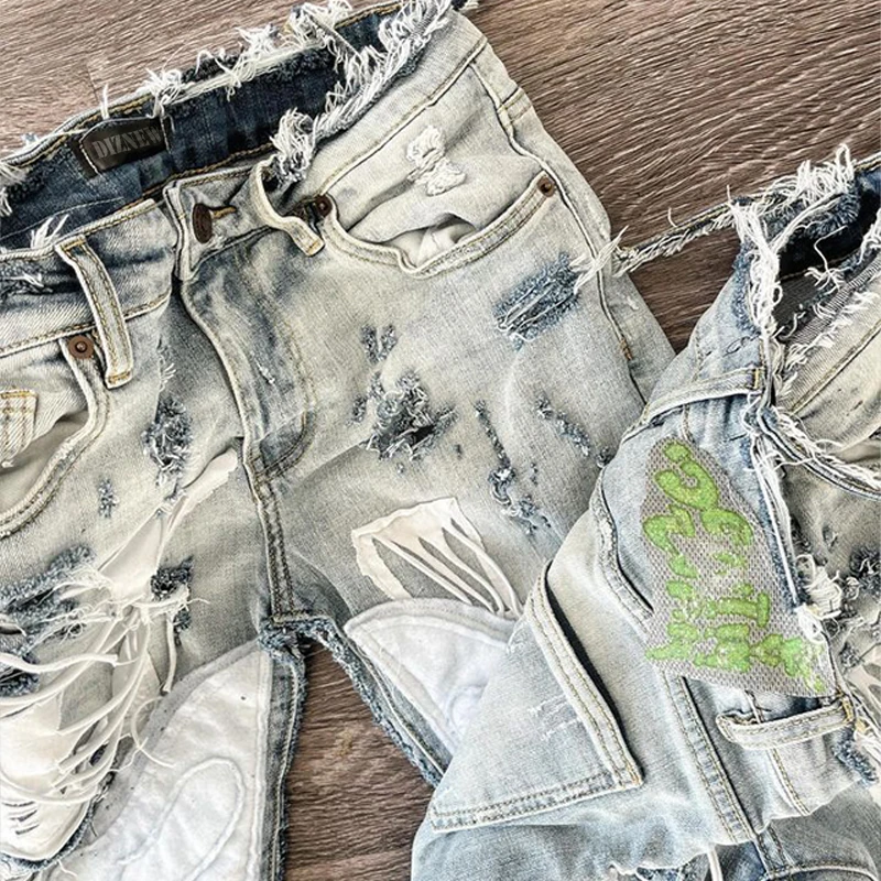DiZNEW Street Fashion Menswear Designer Jeans With Zipper and Lace Ribbon Tear Cotton Jeans for Men Men Clothes Summer