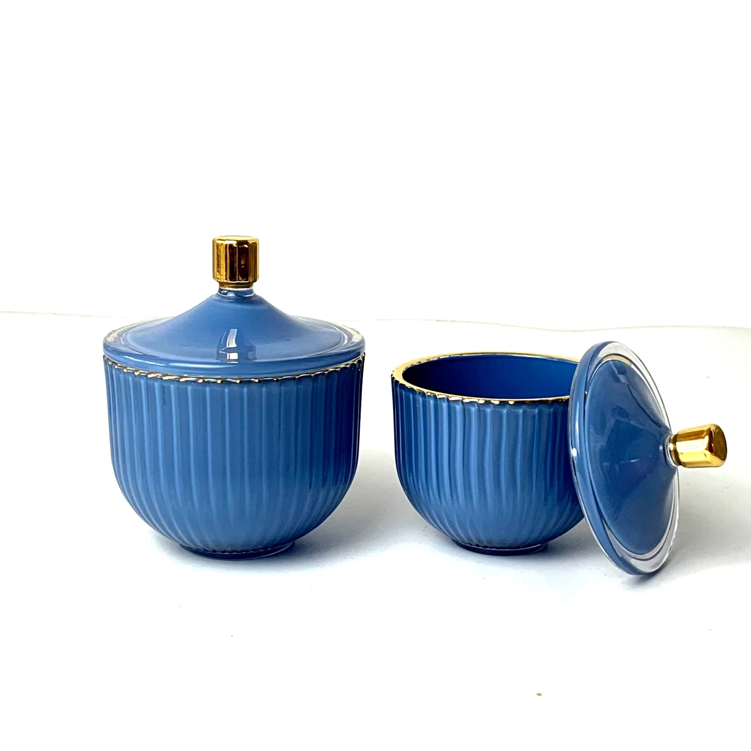 Retail RTS Indigo Empty Luxury Ribbed Jar Glass for Candles Candle Holders Lanterns Vessel